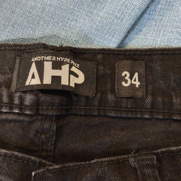 AHP Another Hype Piece Jeans Mens 34x31 Black Slim Straight Pant Crossbones Flaw - Picture 7 of 12